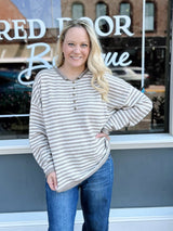 Button Henley Stripe Long Sleeve Drop Shoulder Sweater