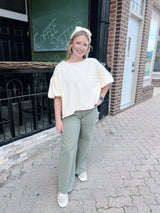 Cream Bubble Sleeve Pocket Detail Top