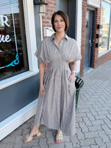 Brown Striped Pleated Maxi Dress