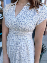 Blue Floral Button Front Collared Midi Dress