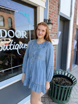 Denim Cape Collar Pleated Ruffle Dress