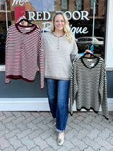 Button Henley Stripe Long Sleeve Drop Shoulder Sweater