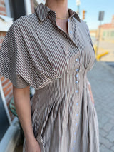 Brown Striped Pleated Maxi Dress