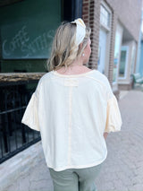 Cream Bubble Sleeve Pocket Detail Top