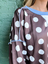 Brown Polka Dot Blue Trim Pullover