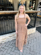 Camel Polka Dot Tulled Bottom Flare Midi Dress