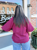 Curvy Burgundy V- Neck Scalloped Hem Top