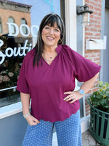 Curvy Burgundy V- Neck Scalloped Hem Top