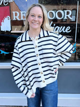 Blue Striped Long Sleeve Button Down Knit Sweater
