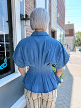 Denim Pleated Button Down Top
