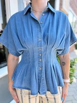 Denim Pleated Button Down Top
