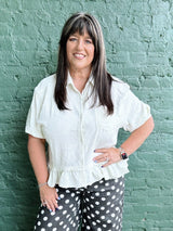 Curvy Ivory Jacquard Ruffle Hem Top