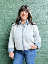 Curvy Gray Button Down with Denim Collar Cardigan