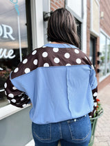 Curvy Brown Polka Dot Blue Trim Pullover