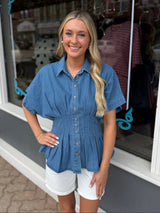 Denim Pleated Button Down Top