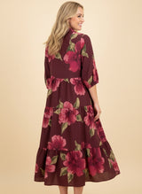Burgundy Floral Puff Sleeve Midi Dress
