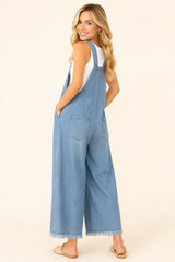 Denim Wide Leg Overalls with Fray Hem
