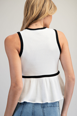 White Contrast Button Down SleevelessTop