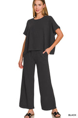 Textured Cotton Short Sleeve Top & Pant Set