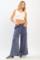 Faded Navy Terry Knit Wide Leg Pants