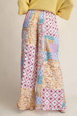 Patchwork Wide Leg Ruffle Hem Pants
