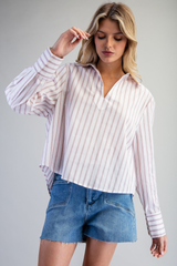 Blush Striped Collared V-Neck Top