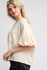 Cream Bubble Sleeve Pocket Detail Top