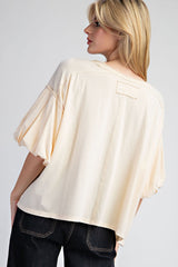 Cream Bubble Sleeve Pocket Detail Top