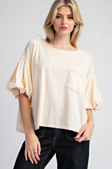 Cream Bubble Sleeve Pocket Detail Top