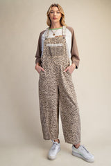 Mocha Leopard Print Washed Twill Overalls