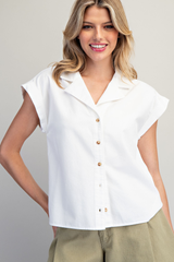 White Short Sleeve Button Front Top