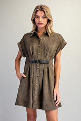Olive Belted Suede Button Down Dress