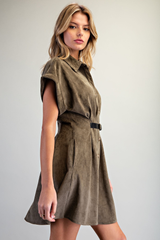 Olive Belted Suede Button Down Dress