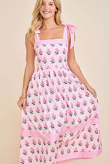 Pink Floral Tie Strap Midi Dress