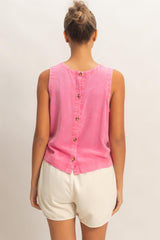 Pink Washed Button Back Sleeveless Top