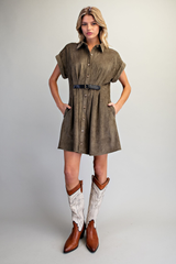 Olive Belted Suede Button Down Dress