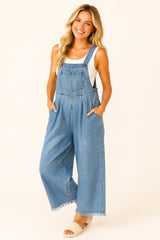Denim Wide Leg Overalls with Fray Hem