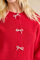 Red Round Neck Cardigan With Pearl Bow Buttons