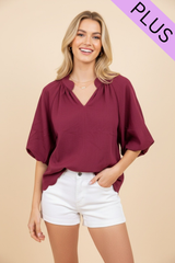 Curvy Burgundy V- Neck Scalloped Hem Top