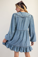 Denim Cape Collar Pleated Ruffle Dress