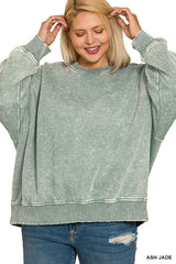 Curvy Acid Wash Oversized Fleece Pullover
