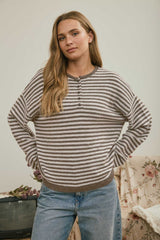 Button Henley Stripe Long Sleeve Drop Shoulder Sweater