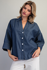 Dark Denim Stripe Button Down 3/4 Sleeve Shirt
