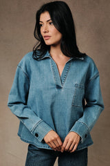 Oversized Collared Pullover Denim Top