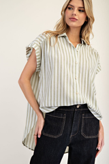 Sage Striped Short Sleeve Button Front Top