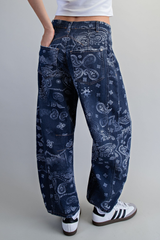 Washed Denim Paisley Barrel Jeans