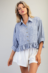 Blue Striped Button Down Ruffled Hem Top