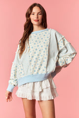 Blue Ditsy Floral and Striped Crewneck