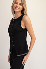 Black Whipstitch Trim Button Down Vest