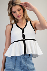 White Contrast Button Down SleevelessTop